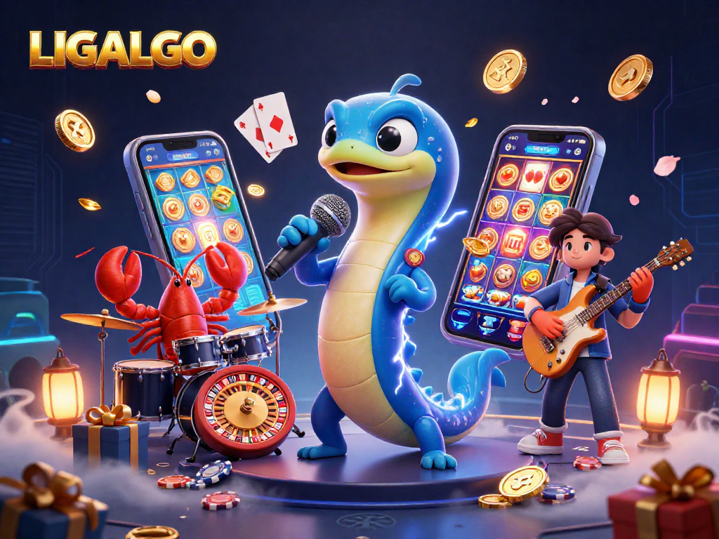 LIGALGO showcases a vibrant underwater casino scene featuring an electric eel DJ and a musical troupe in dynamic action.