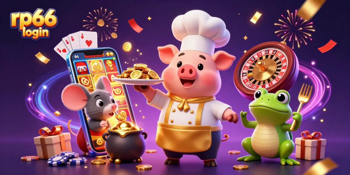 Experience exciting rp66 login rewards with fun characters serving gold coins in a casino-themed illustration.