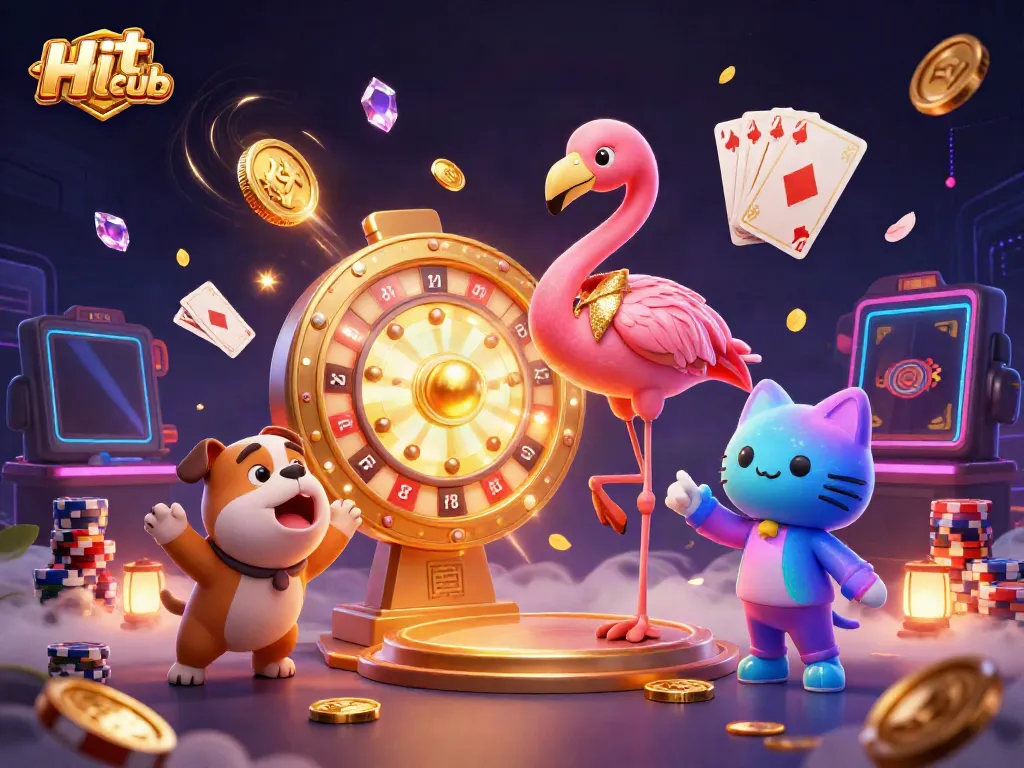 Experience the excitement of Hit club with a vibrant 3D scene featuring a game show host, bulldog contestant, and prize reveals amidst coins and casino elements.