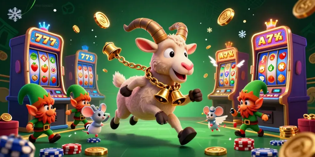 Markaswd slot online casino scene with Krampus goat, angel mouse, and elf gremlins.