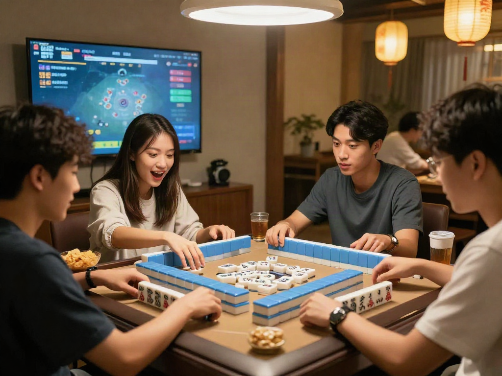 Exciting MahjongJP88 game night with friends, showcasing diverse players and colorful tiles in a lively atmosphere.