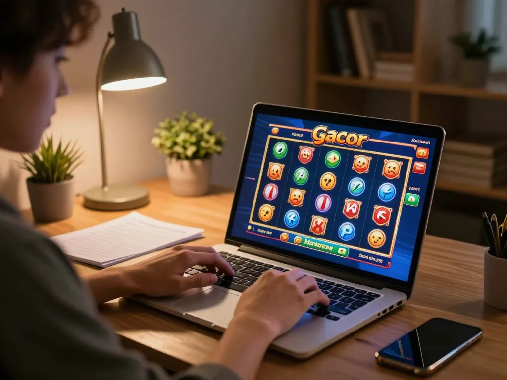 Engaging gameplay on slot gacor seen from above, with vibrant colors and engaging symbols displayed on laptop screen.