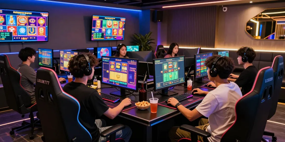 Suasana ruang permainan LUXURY777 dengan teman-teman bermain slot, dekorasi modern, dan lampu LED.