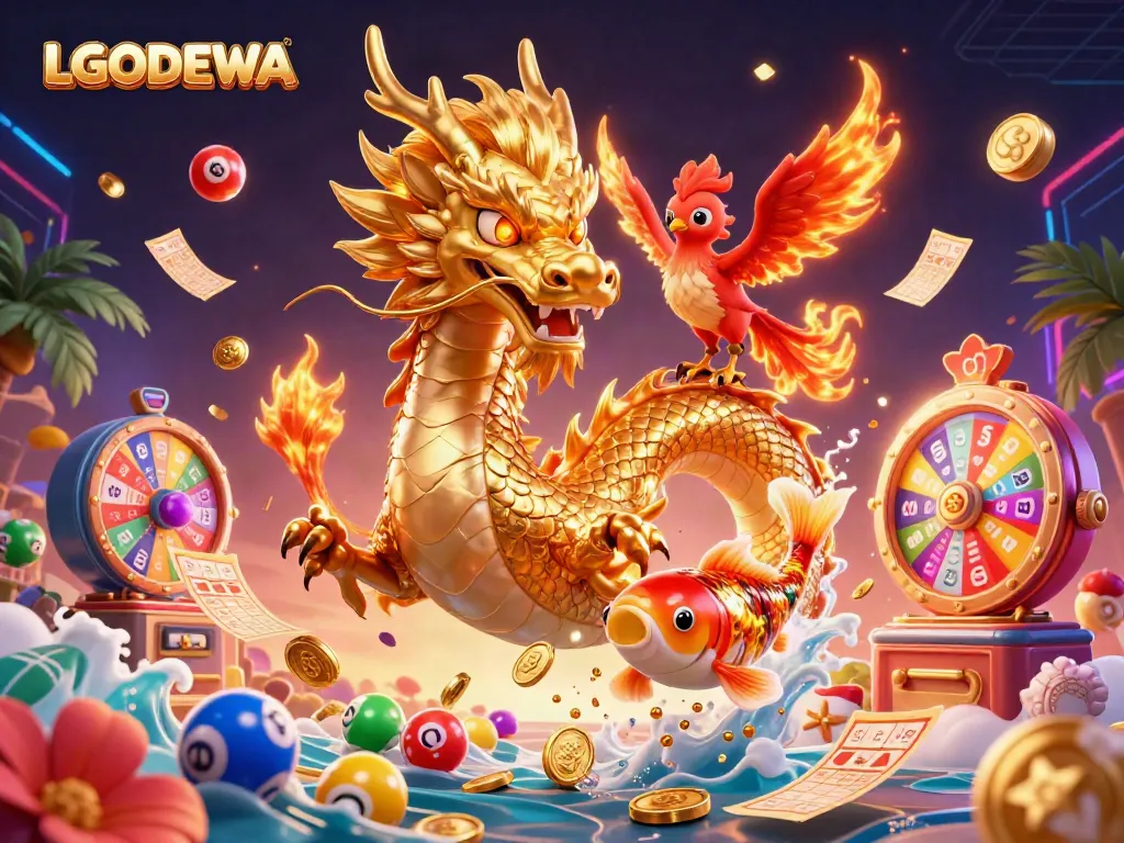 Experience the gaming magic at LGODEWA with a fierce dragon and colorful lottery elements in action.