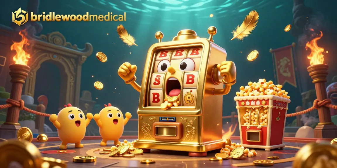 Bridlewoodmedical mesin slot mengejutkan dengan jackpot, dikelilingi koin dan detail kasino lainnya.