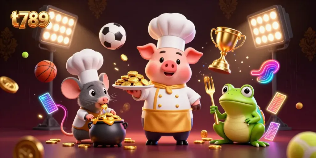 Engage in thrilling gambling action with t789 as characters enjoy a vibrant casino scene packed with sports balls and gold coins.