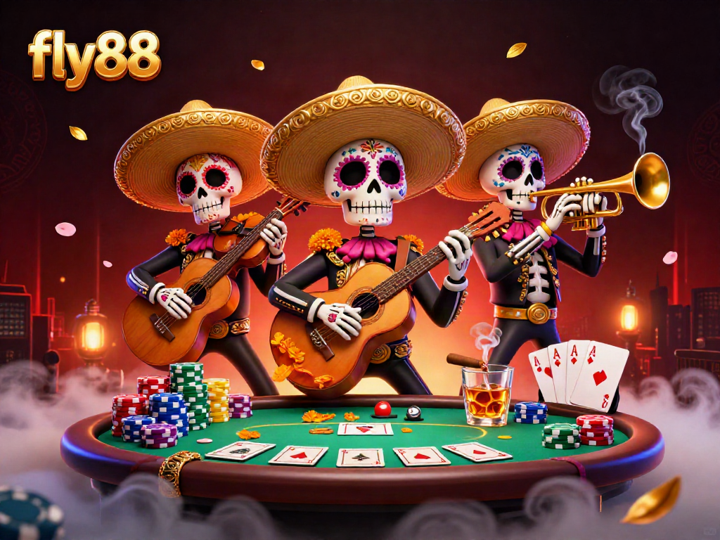 Experience the excitement of fly88 with a vibrant 3D mariachi poker scene featuring colorful characters and game elements.