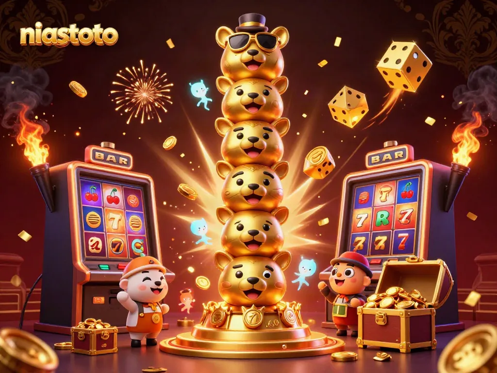 Gambarlah niastoto dalam ilustrasi 3D kasino yang hidup dengan simbol jackpot dan elemen permainan.