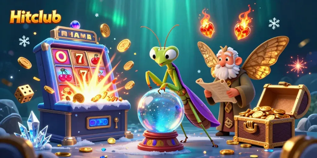 Engage with Hitclub's thrilling jackpot scene featuring a magical fortune teller and dynamic casino elements.