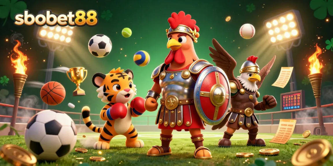 Experience sbobet88 action-packed betting with a dynamic illustration of a rooster and tiger in an arena.