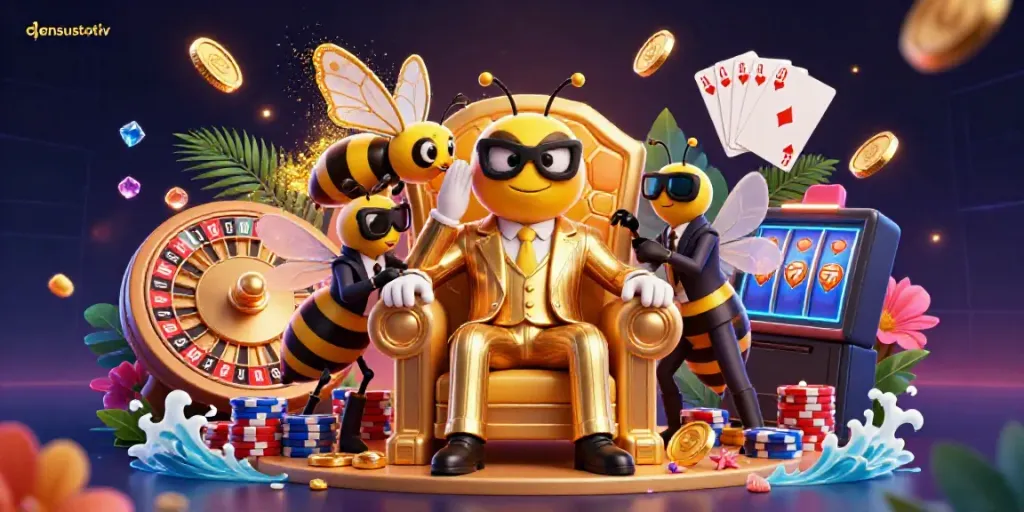 Experience gaming excitement at densustotolv with a vibrant 3D casino scene featuring a bumblebee mob boss.