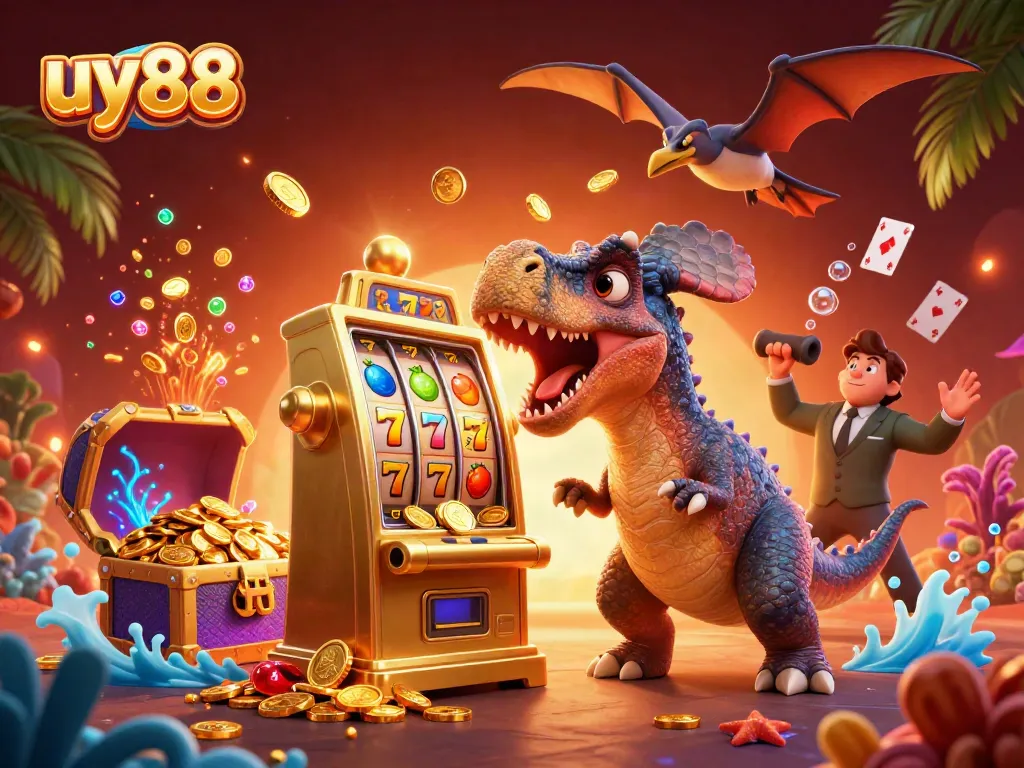 uy88 illustrates a dinosaur winning at slots amidst vibrant casino elements, showcasing excitement and luck