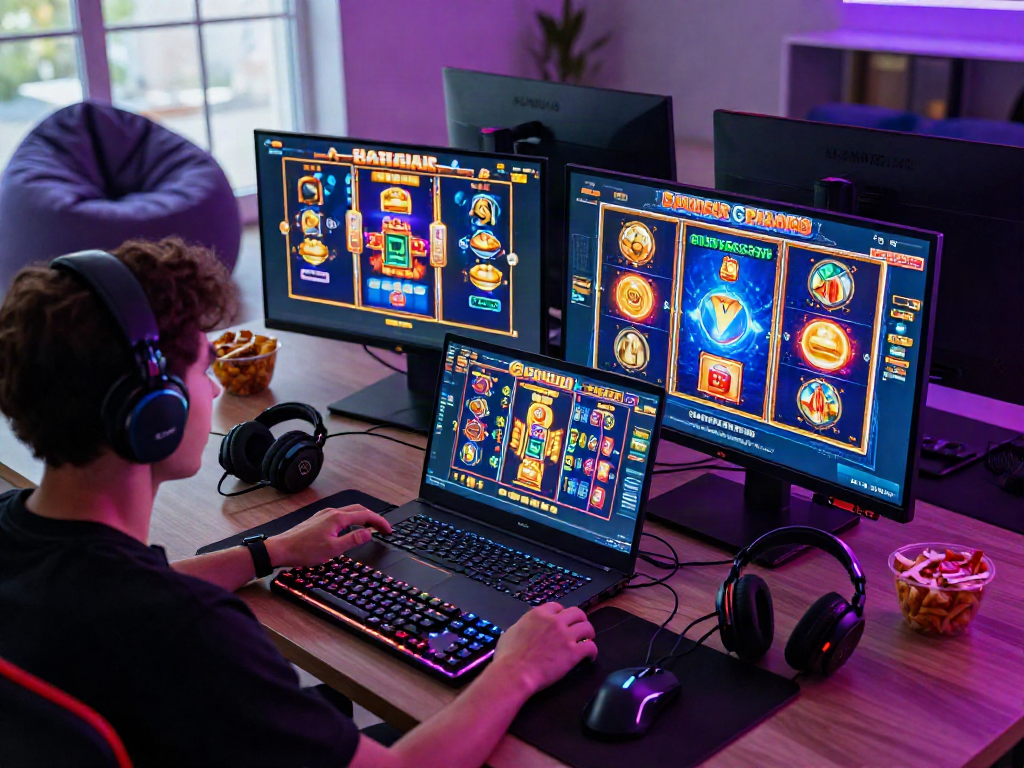 Pemain menikmati bandar slot online dengan perangkat gaming modern dan aksesori menarik.