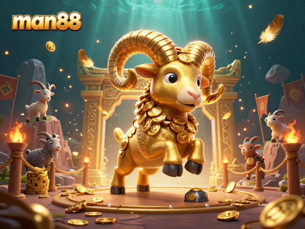 Engage with thrilling games at man88, featuring a golden ram charging through a vibrant casino scene.