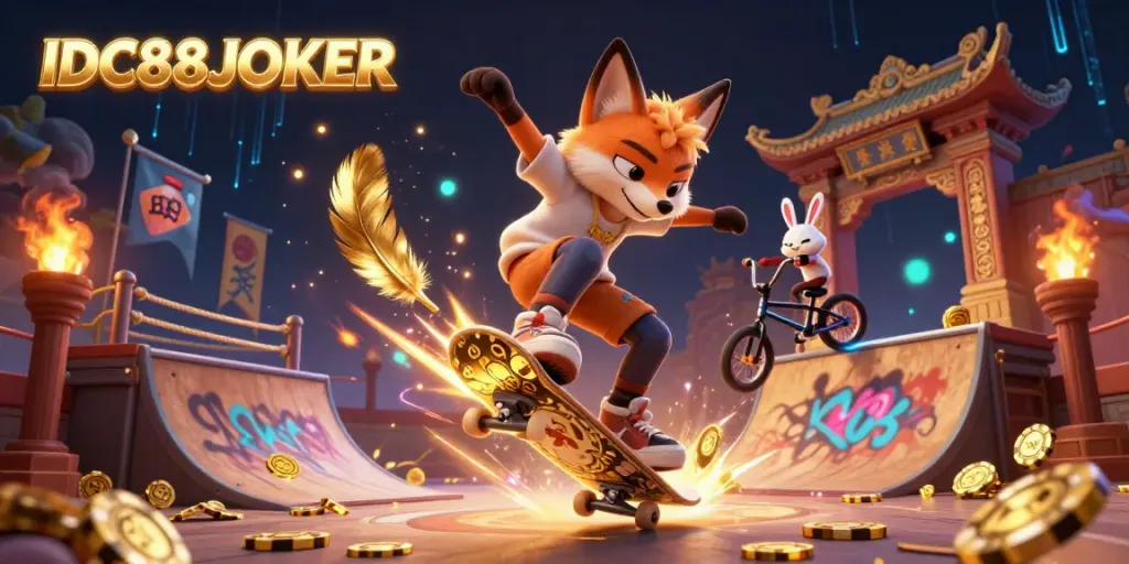 Watch the exciting skateboarder fox performing alongside a BMX rabbit in a vibrant IDC88JOKER gaming scene.