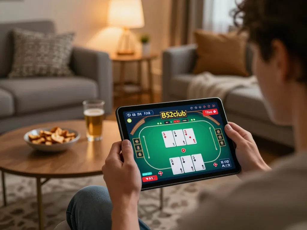 B52club player engaging in online poker on a tablet, cozy home setting with snacks and warm lighting.