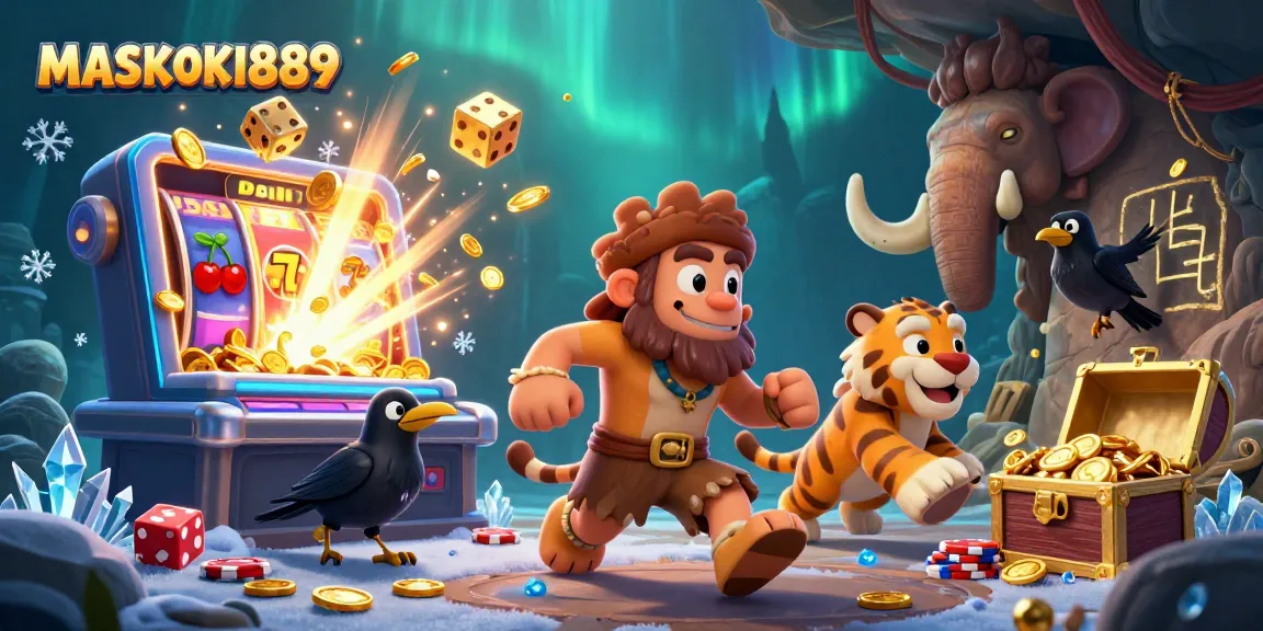 Immerse in MASKOKI889's dynamic prehistoric casino scene bursting with colorful symbols and excitement.