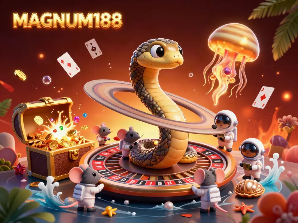 Engaging scene showcasing MAGNUM188 with a whimsical Saturn-themed roulette setup, emphasizing fun and interactive gambling.