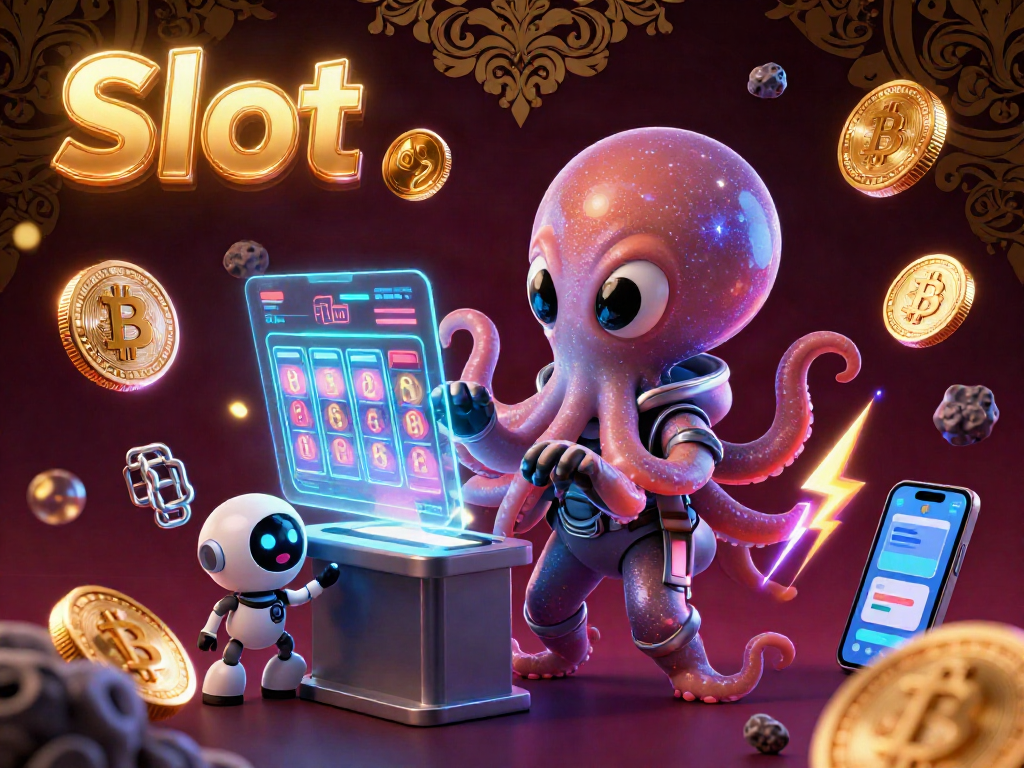 Slot mesin yang menarik dengan octopus alien dan robot kecil dalam ruang angkasa.