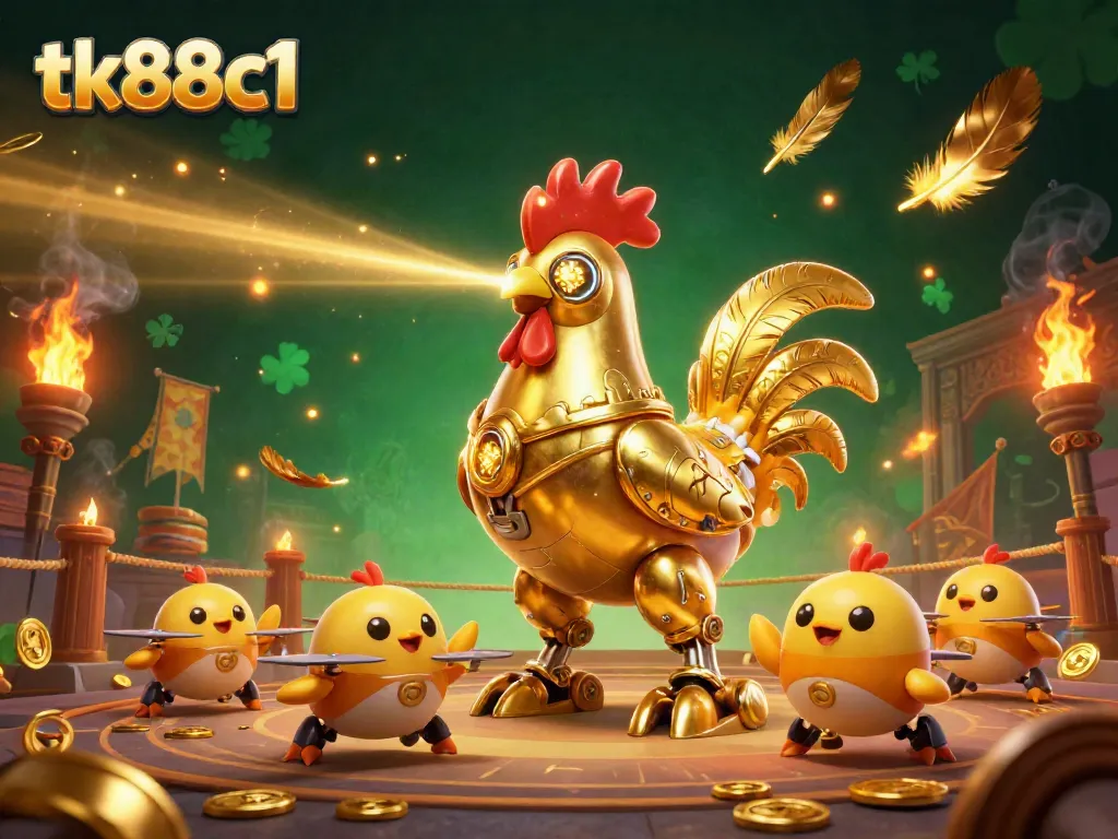 Spin the reels at tk88c1 with a golden rooster shooting laser patterns amidst 3D gaming elements.