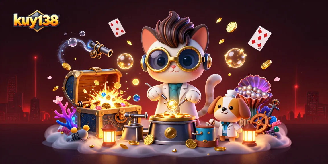 Gambar animasi kasino 3D kuy138 yang menggambarkan karakter kucing ilmuwan gila menciptakan mesin replikasi koin emas.