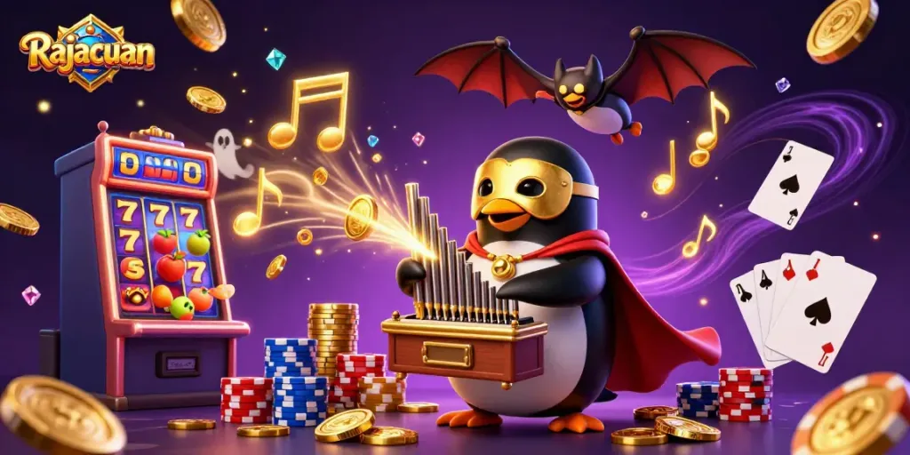 Experience Rajacuan's exciting slot gaming scene with vibrant golden coins and thrilling jackpots.