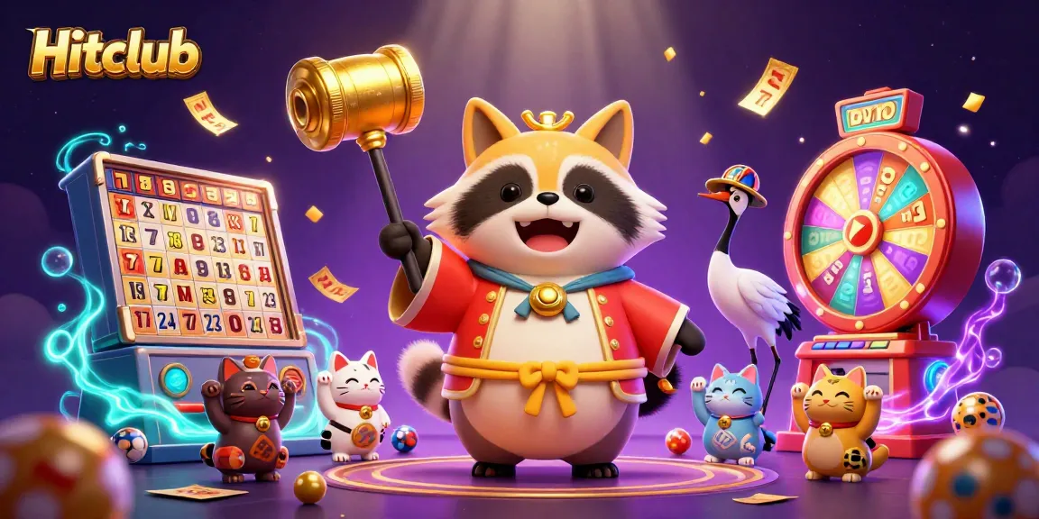 Hitclub presents a vibrant casino scene with tanuki, crane, and fortune cats amid colorful game elements.