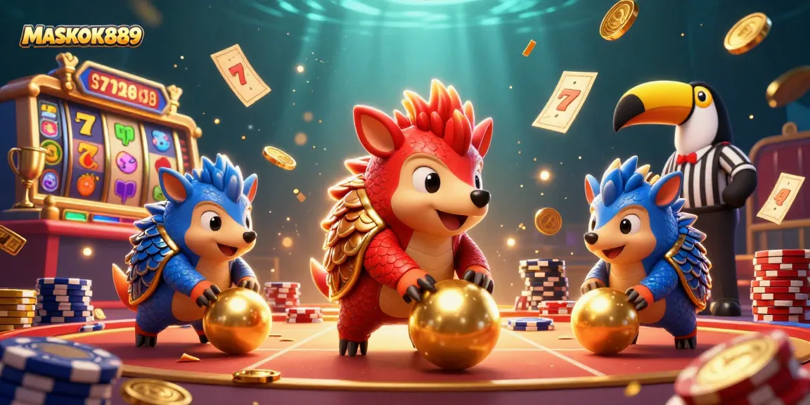 Experience thrilling gameplay at MASKOKI889 with engaging slot games, interactive pangolin characters, and vibrant animations.