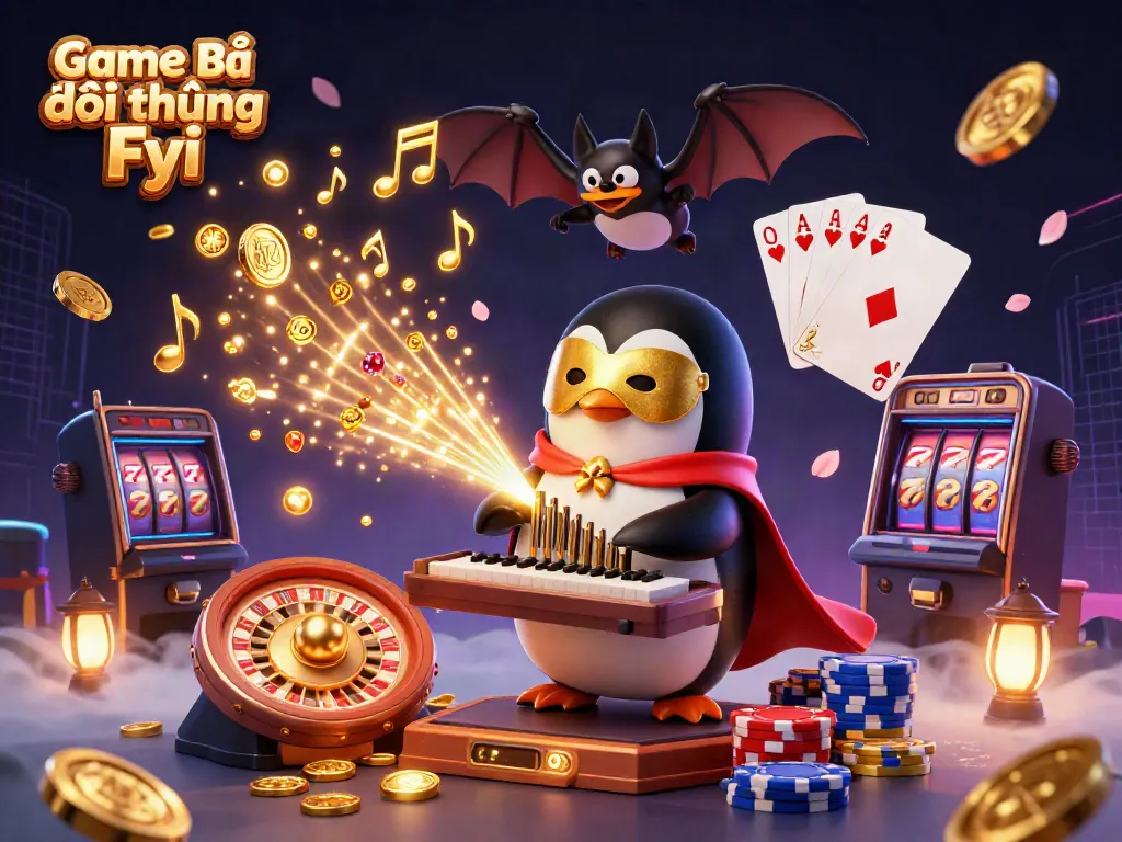 Experience excitement with Game Bài Đổi Thưởng Fyi in a vibrant casino scene, showcasing golden coins and lively characters.