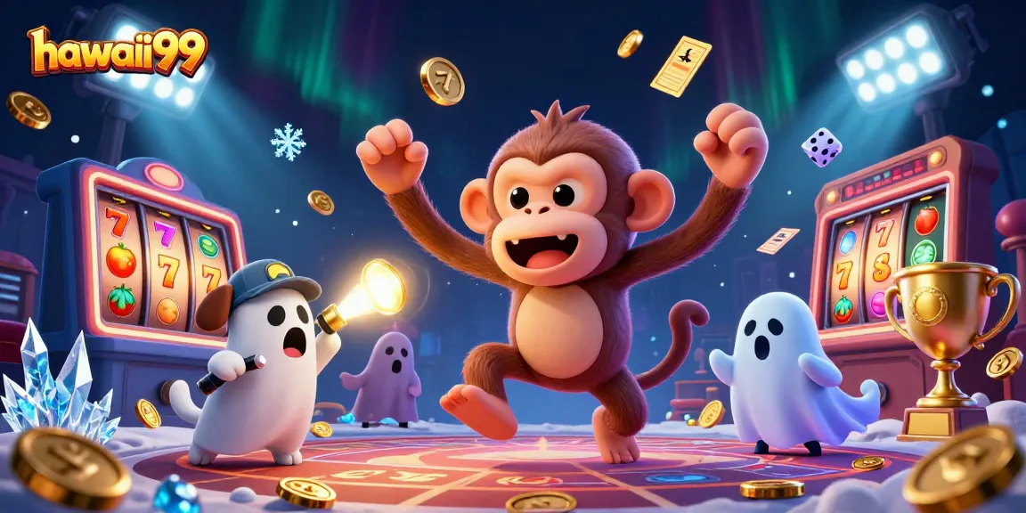 Experience the excitement of hawaii99 with a poltergeist monkey and ghost-hunter puppy in a vibrant casino scene.