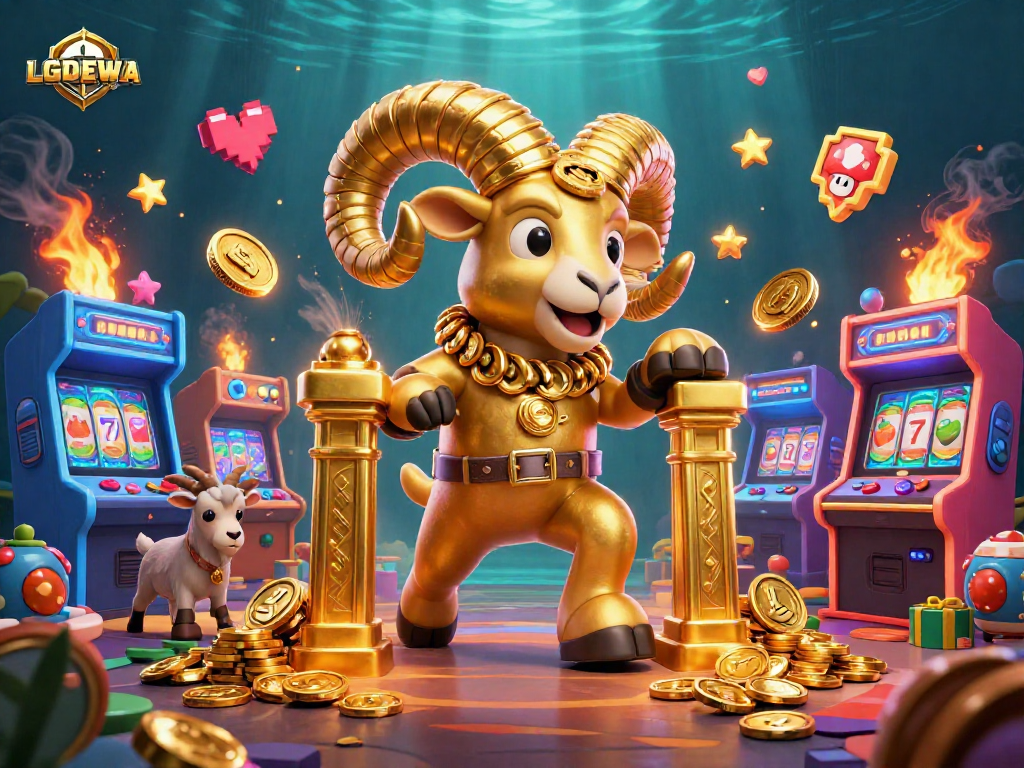 Experience the thrill of LGODEWA with vibrant casino elements and a majestic golden ram charging towards riches.