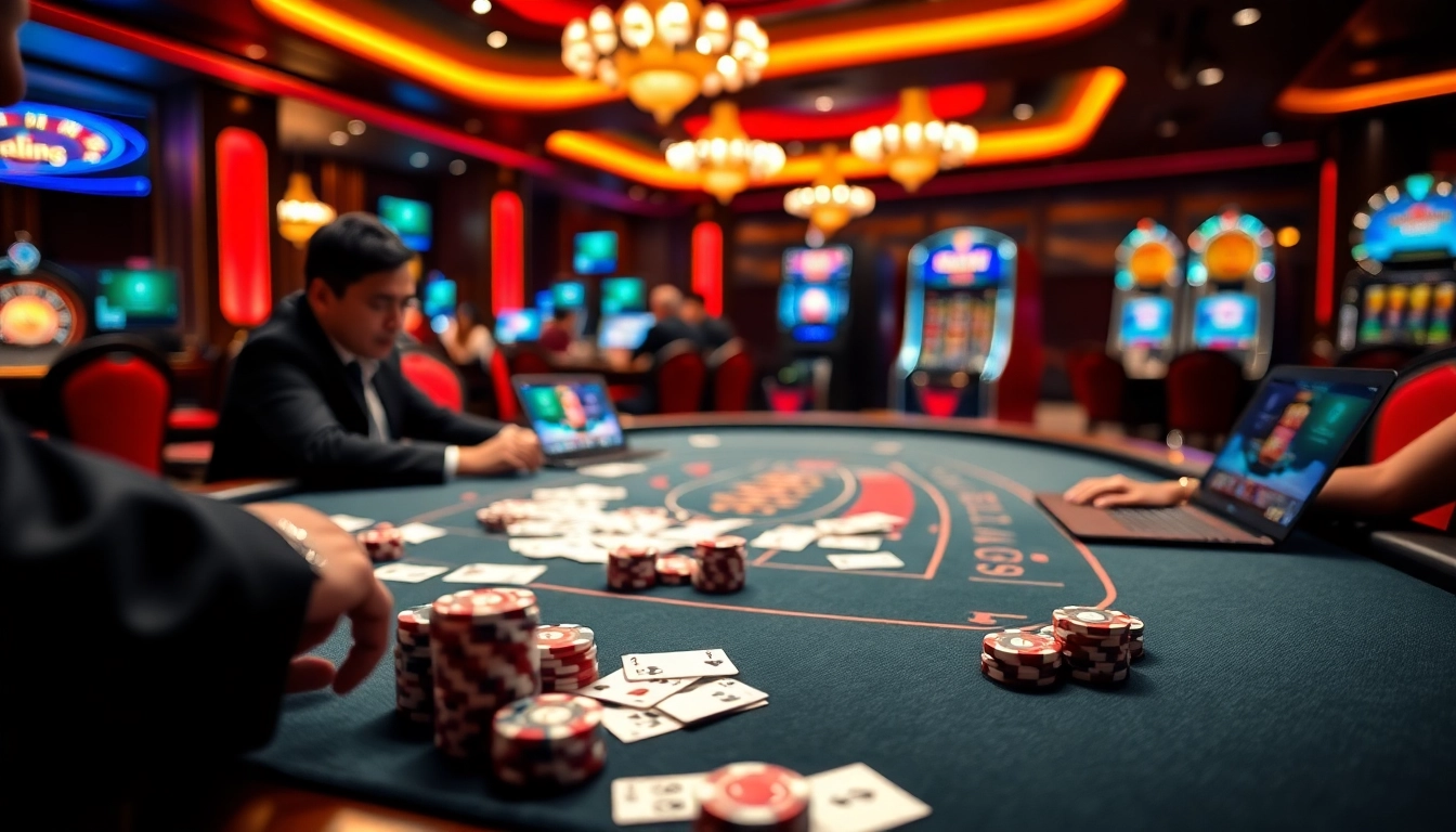 Gamblers enjoying high-stakes games at a luxurious casino, features from https://dagatructiepp.casino/ live streaming.