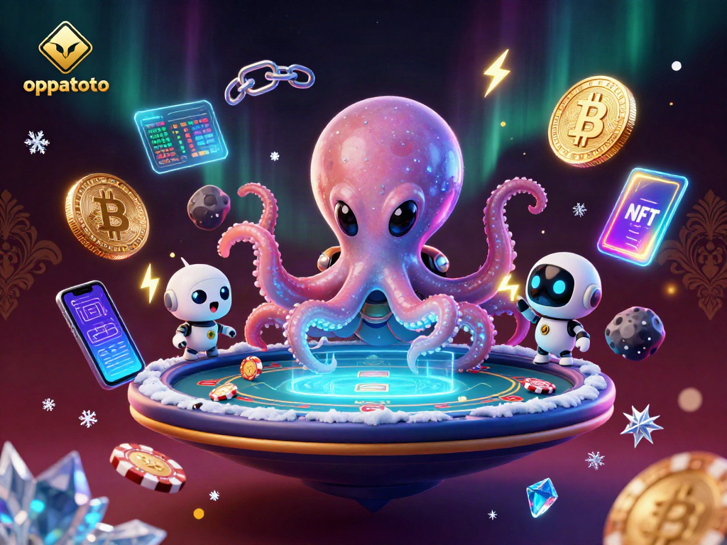 oppatoto showcases an alien octopus at a futuristic poker table, surrounded by crypto coins and vibrant cosmic elements