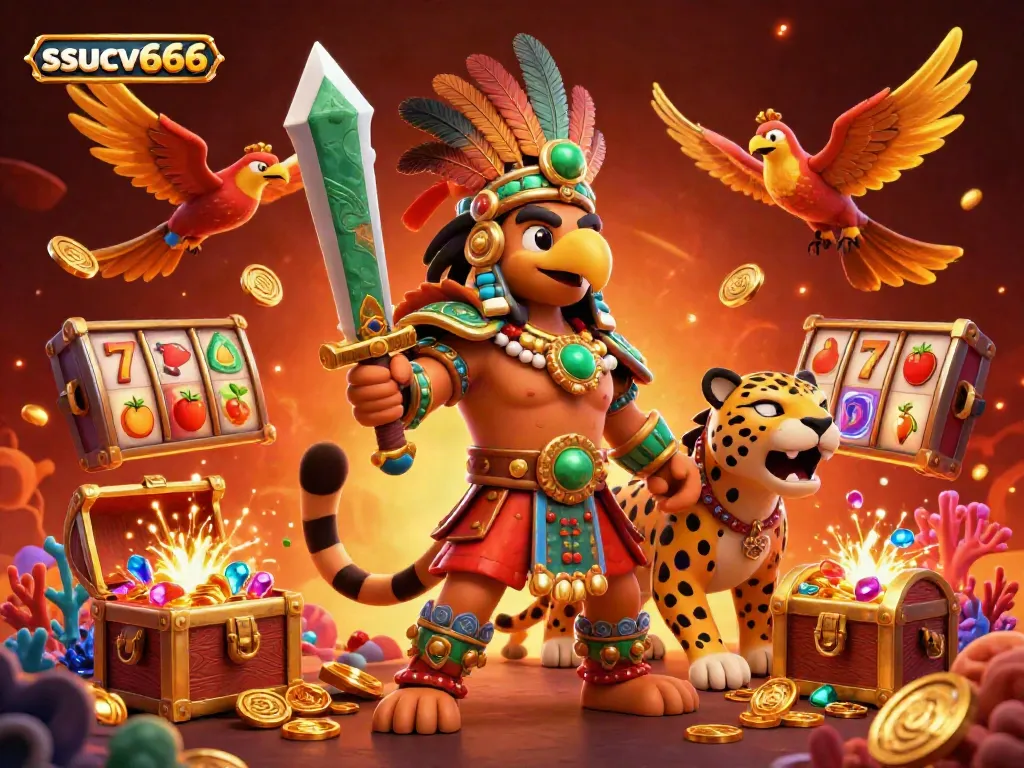 Experience thrilling slots with ssucv666 showcasing an Aztec warrior and a jaguar in a dynamic casino scene.
