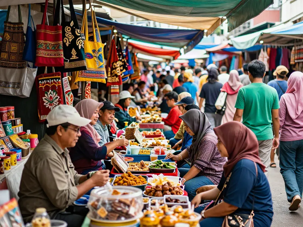 Engaging scene of diverse shoppers exploring various products at a vibrant Indonesian marketplace.