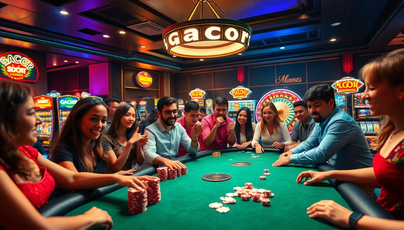 Penjudi yang terlibat menikmati permainan taruhan tinggi dengan chip poker dan mesin slot gacor dalam suasana kasino yang mendebarkan.
