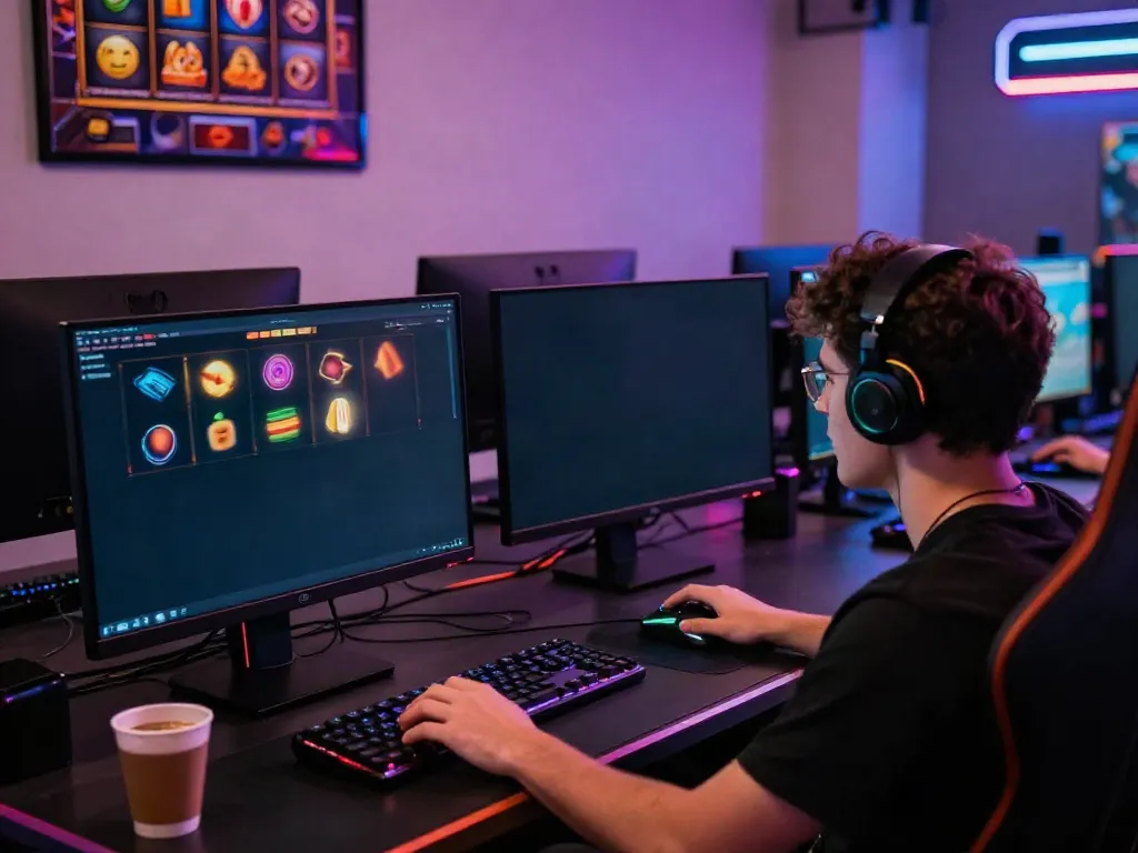 Pemain NAGAHOKI303 terlibat dalam permainan slot online dengan simbol berwarna-warni dan suasana gaming yang menarik.
