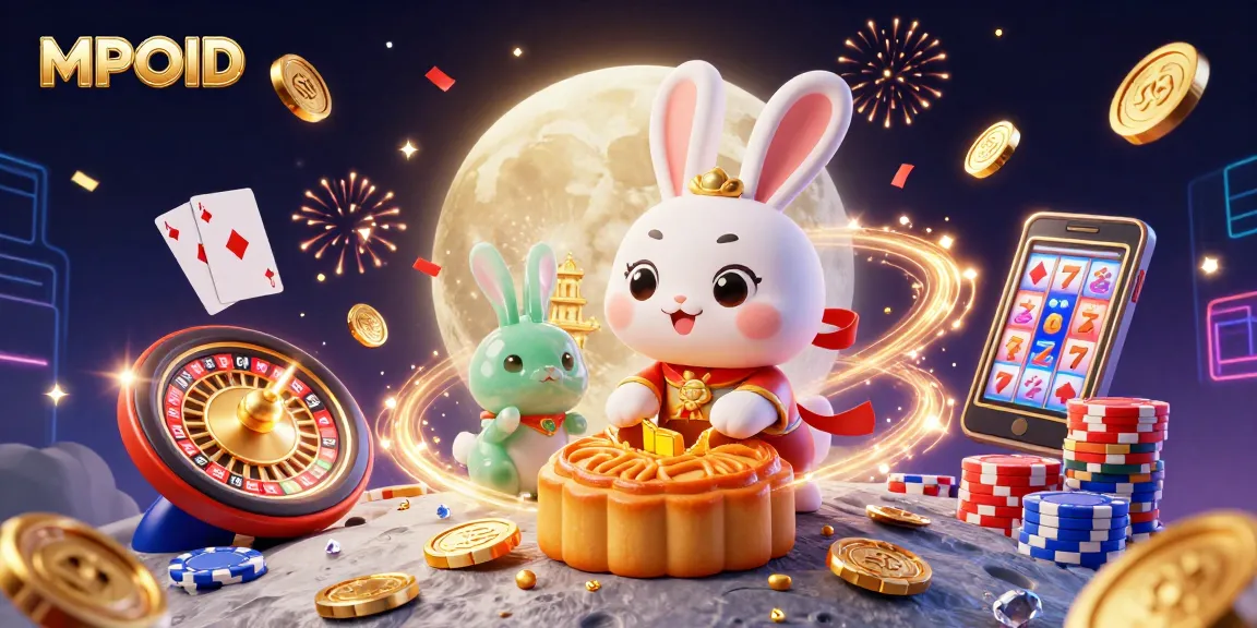 MPOID moon rabbit showcasing poker chips in a vibrant casino scene with golden coins.