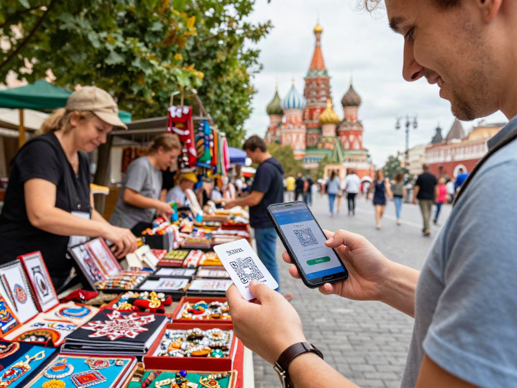 Pembayaran mudah di Rusia dengan aplikasi PayInRussia saat menjelajahi pasar yang penuh warna.