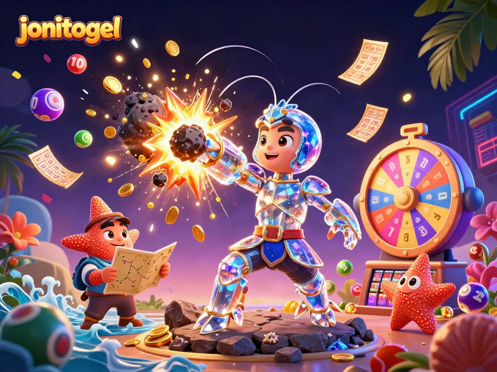 Engage with jonitogel's dynamic lottery scene with exploding gems, vibrant colors, and exciting gaming elements.