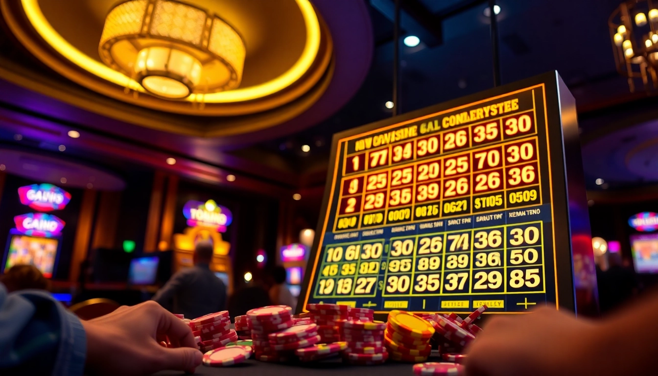 Bermain gta togel di kasino dengan papan digital yang cerah dan suasana penuh semangat.