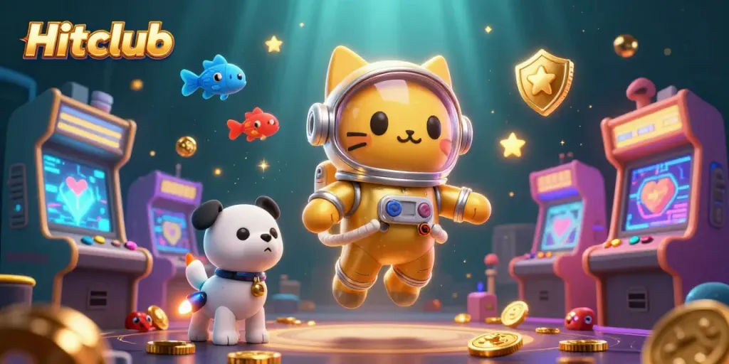 Hitclub players enjoy arcade action with a space cat and robot dog in a vibrant casino universe.