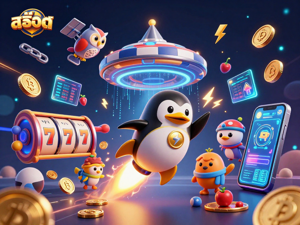 Engage in exciting สล็อต adventures with a golden penguin and crypto elements flying through a casino-themed universe.
