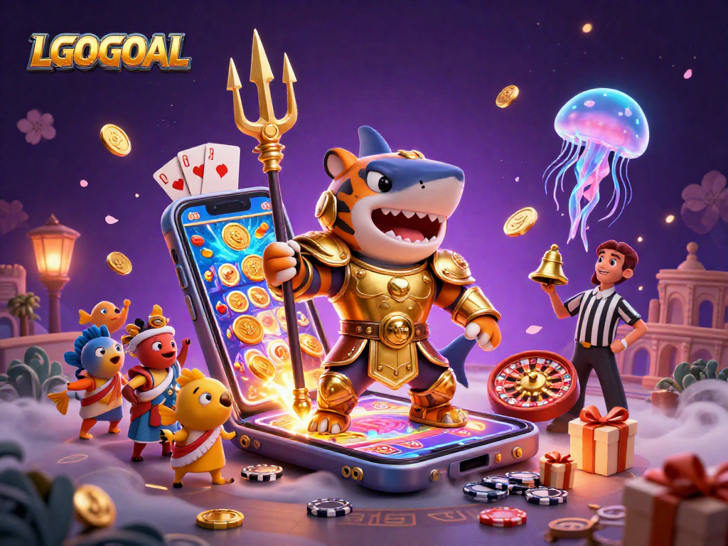 LGOGOAL features a thrilling underwater scene with a tiger shark and slot game excitement.