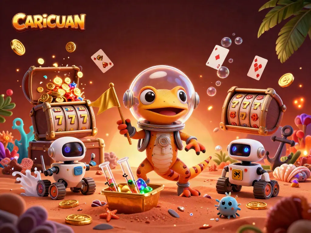 CARICUAN showcases a Martian gecko discovering a golden casino with vibrant gambling elements around.