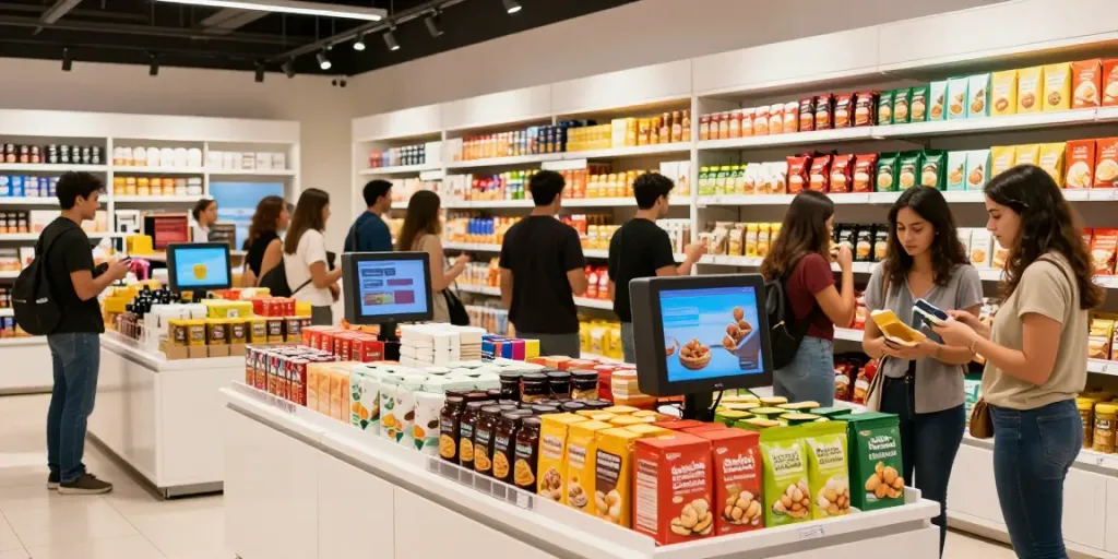 Pengunjung menjelajahi berbagai produk Brasil di pasar modern.