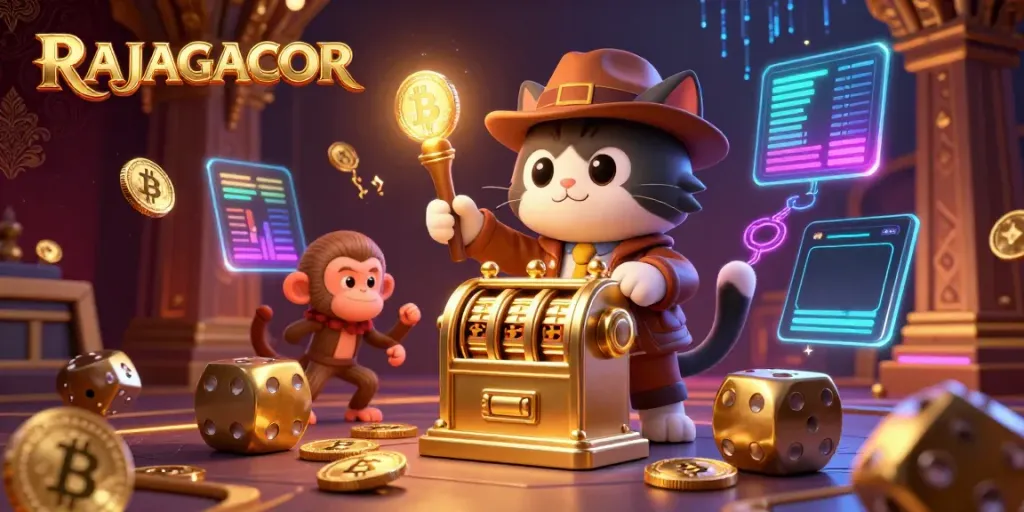 RAJAGACOR menampilkan kucing penjelajah menemukan artefak mesin slot di kuil mistis.
