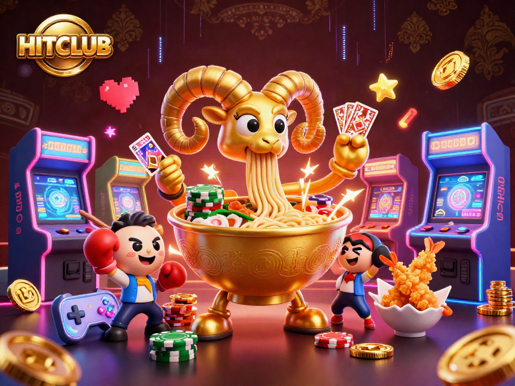 Engage with HITCLUB's vibrant illustration featuring a golden ramen bowl and dynamic casino elements.