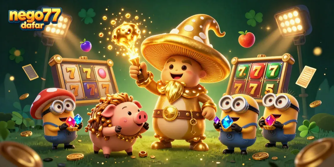 Experience nego77 daftar with exciting slot reels and shimmering treasures in a captivating casino scene.