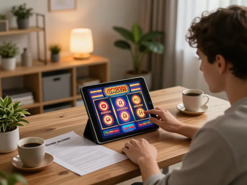 Engaging with slot gacor gampang menang on tablet in cozy home setting, strategic notes in view.
